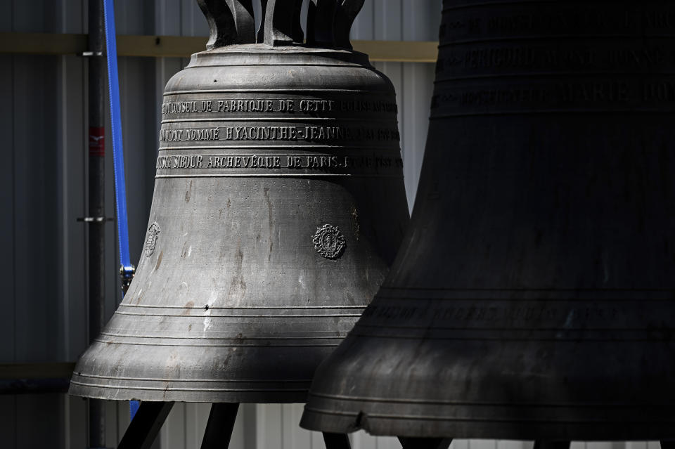 Bells are pictured inside the Notre Dame de Paris Cathedral, May 15, 2019 in Paris. (Photo: Philippe Lopez/Pool via AP)          