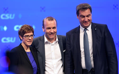 Manfred Weber, member of the Christian Social Union (CSU) party and top candidate of the European People's Party (EPP) for the European elections, Bavarian State Prime Minister and new CSU leader Markus Soeder and Christian Democratic Union (CDU) party leader Annegret Kramp-Karrenbauer, attend the CSU party meeting in Munich, Germany, January 19, 2019. REUTERS/Andreas Gebert
