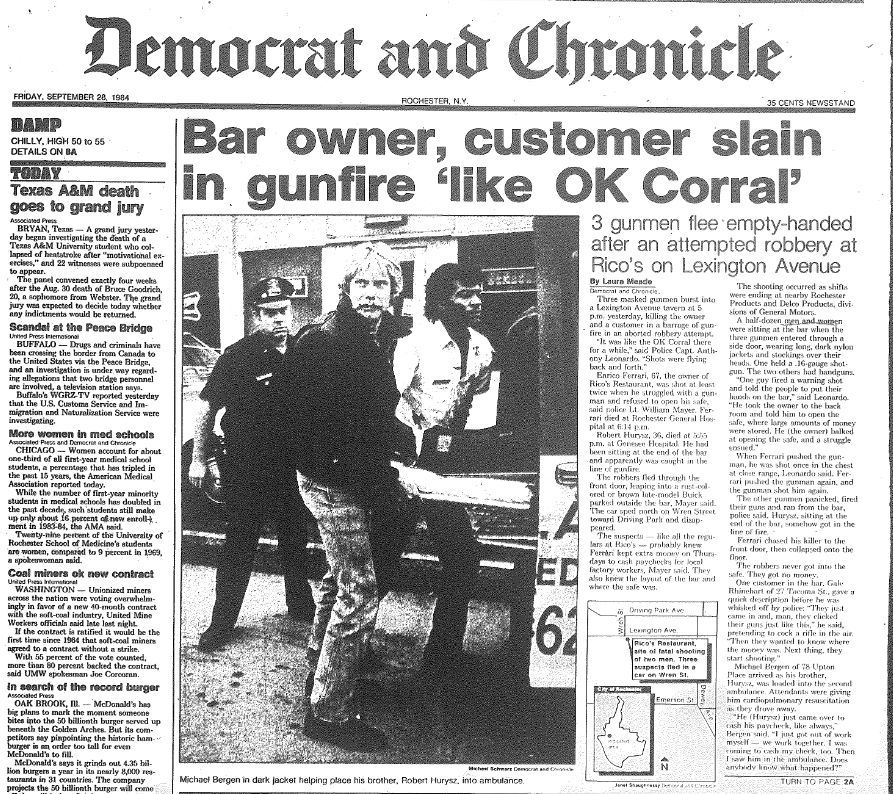 The front page of the Sept. 28, 1984 Democrat and Chronicle with a story about a double homicide at Rico's Restaurant on Lexington Avenue. Michael Rhynes was one of four men convicted of murder; in December 2023 that conviction was vacated after key witnesses recanted.