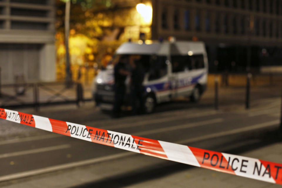 A police cordon at the area where seven people were injured in a knife attack in Paris (Picture: AP)