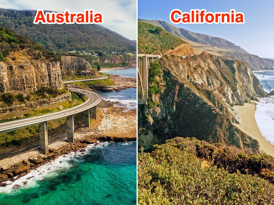 Left image, labeled Australia: Scenic highway on the edge of sandstone cliff over tiding surfing waves of open Pacific ocean on a sunny day. Right image, labelled California: : Scenic highway on the edge of cliff over a patch of sand and the Pacific ocean waves