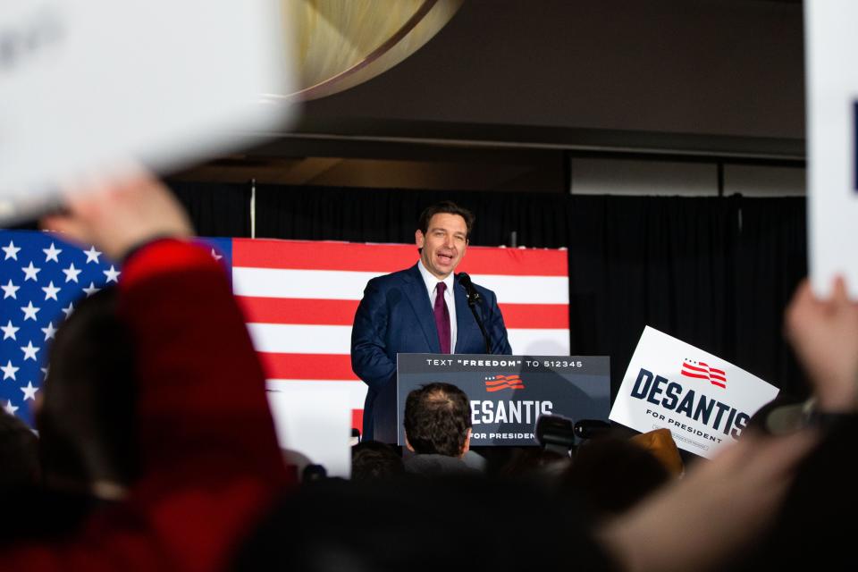 Presidential candidate and Governor of Florida Ron DeSantis speaks to supporters at the Sheraton in West Des Moines after he came in second to former president Donald Trump in the Iowa Caucus on Monday, Jan. 15, 2024.