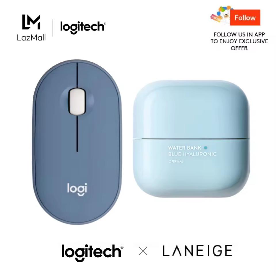 [Lazada Exclusive] Logitech x LANEIGE Bundle Set - Logitech M350 Pebble Wireless Bluetooth Mouse + LANEIGE Essential Blurring Finish Powder / NEO Cushion Glow 21N Beige 15g*2 / Water Bank Blue Hyaluronic Cream (Combination to Oily Skin) Set. (Photo: Lazada SG)