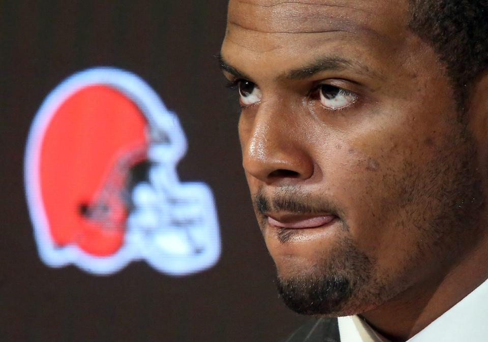 Deshaun Watson listens to questions during his introductory press conference at the Cleveland Browns' facility.