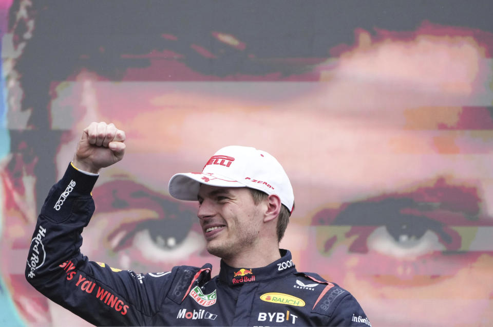 Red Bull Racing driver Max Verstappen, of the Netherlands, celebrates after winning the Formula 1 Canadian Grand Prix auto race in Montreal, Sunday, June 9, 2024. (Christinne Muschi/The Canadian Press via AP)