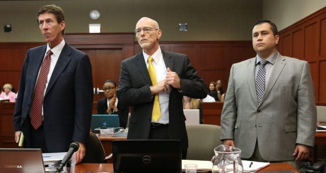 SANFORD, FL - JULY 02:  George Zimmerman (R) with his attorneys, Mark O'Mara (left), and Don West, watch as the jury enters the courtroom on the 17th day of Zimmerman's trial in Seminole circuit court July 2, 2013 in Sanford, Florida.  Zimmerman is charged with second-degree murder for the February 2012 shooting death of 17-year-old Trayvon Martin.  (Photo by Joe Burbank-Pool/Getty Images)