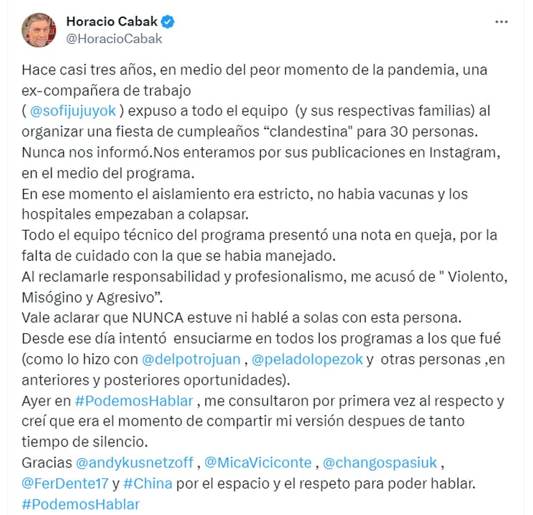 El descargo de Horacio Cabak tras su testimonio en Podemos Hablar