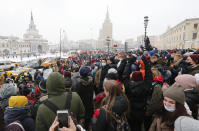 People attend a protest against the jailing of opposition leader Alexei Navalny in Moscow, Russia, on Sunday, Jan. 31, 2021. Thousands of people took to the streets Sunday across Russia to demand the release of jailed opposition leader Alexei Navalny, keeping up the wave of nationwide protests that have rattled the Kremlin. Hundreds were detained by police. (AP Photo/Alexander Zemlianichenko)