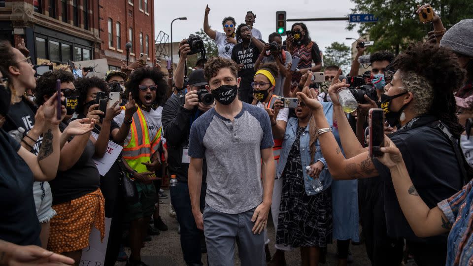 Minneapolis Mayor Jacob Frey is shouted at by protesters at a Defund the Police march in early June of 2020 to protest the police killing of George Floyd. (Victor J. Blue/The New York Times/Redux) - Victor J. Blue/The New York Times/Redux