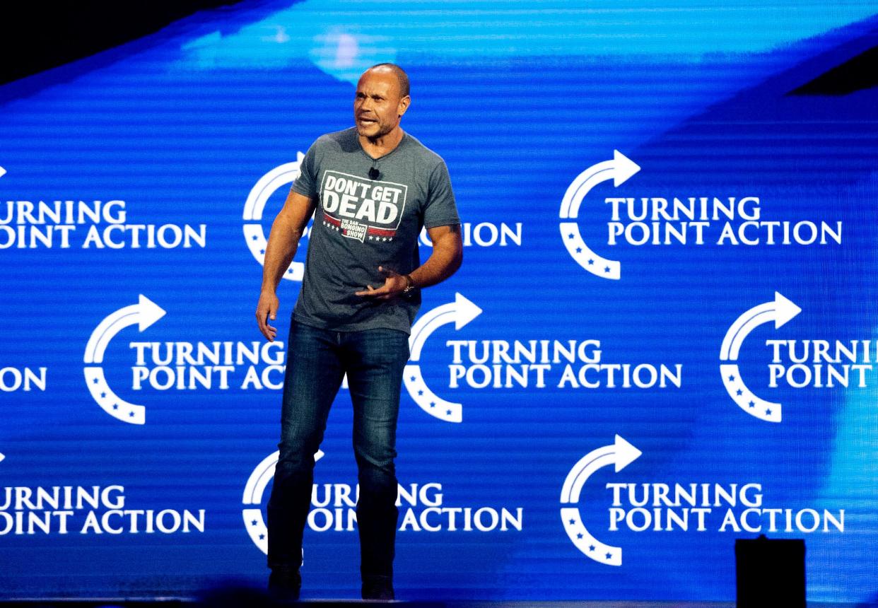 Dan Bongino speaks during the Turning Point Action general session at the Palm Beach County Convention Center in West Palm Beach July 16, 2023. 