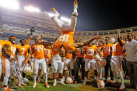 <p>Nigel Warrior #18 of the Tennessee Volunteers does a flip while celebrating after defeating the Southern Miss Golden Eagles at Neyland Stadium on November 4, 2017 in Knoxville, Tennessee. (Photo by Michael Reaves/Getty Images) </p>