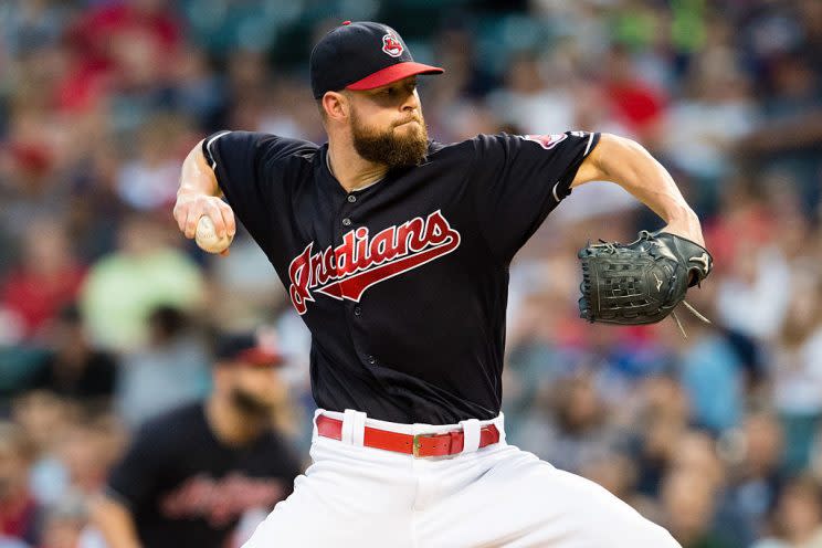 CLEVELAND, OH - SEPTEMBER 21: Starter Corey Kluber #28 of the Cleveland Indians pitches during the first inning against the Kansas City Royals at Progressive Field on September 21, 2016 in Cleveland, Ohio. (Photo by Jason Miller/Getty Images)