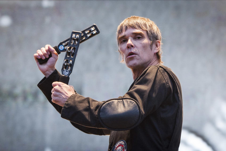 Ian Brown of the Stone Roses performs live on stage at Finsbury Park, London.