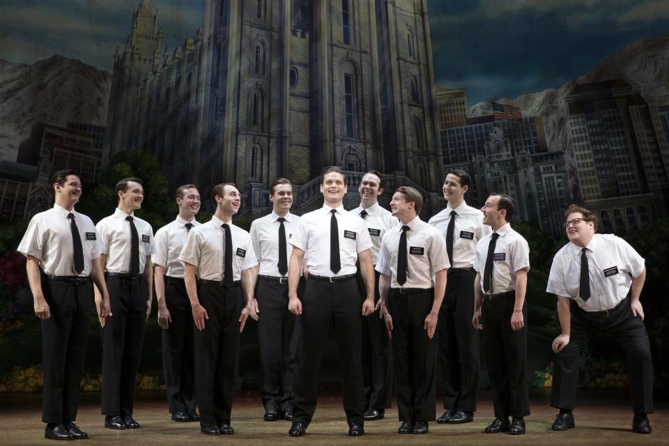 Sam McLellan, center, and company in the touring production of "The Book of Mormon."