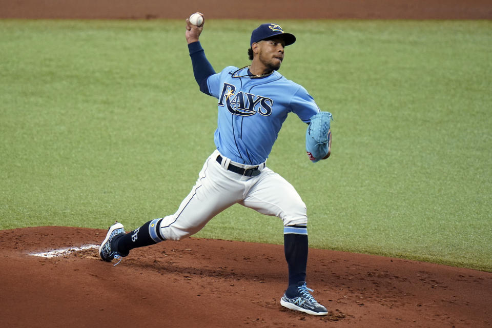 Tampa Bay Rays pitcher Luis Patino delivers to the Toronto Blue Jays during the first inning of a baseball game Sunday, April 25, 2021, in St. Petersburg, Fla. (AP Photo/Chris O'Meara)