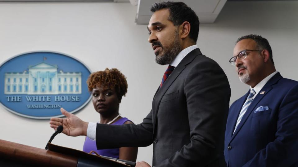 (Left to right) White House Press Secretary Karine Jean-Pierre, National Economic Council Deputy Director Bharat Ramamurti and Education Secretary Miguel Cardona talk to reporters during the daily news conference at the White House on June 30, 2023 in Washington, DC. (Photo by Chip Somodevilla/Getty Images)