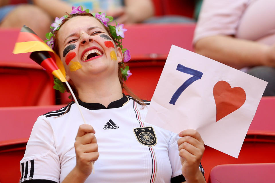 A German fan laughs during the Women's First Round Group F match between Germany and Canada on Day 4 of the Rio 2016 Olympic Games at Mane Garrincha Stadium on August 9, 2016 in Brasilia, Brazil.&nbsp;
