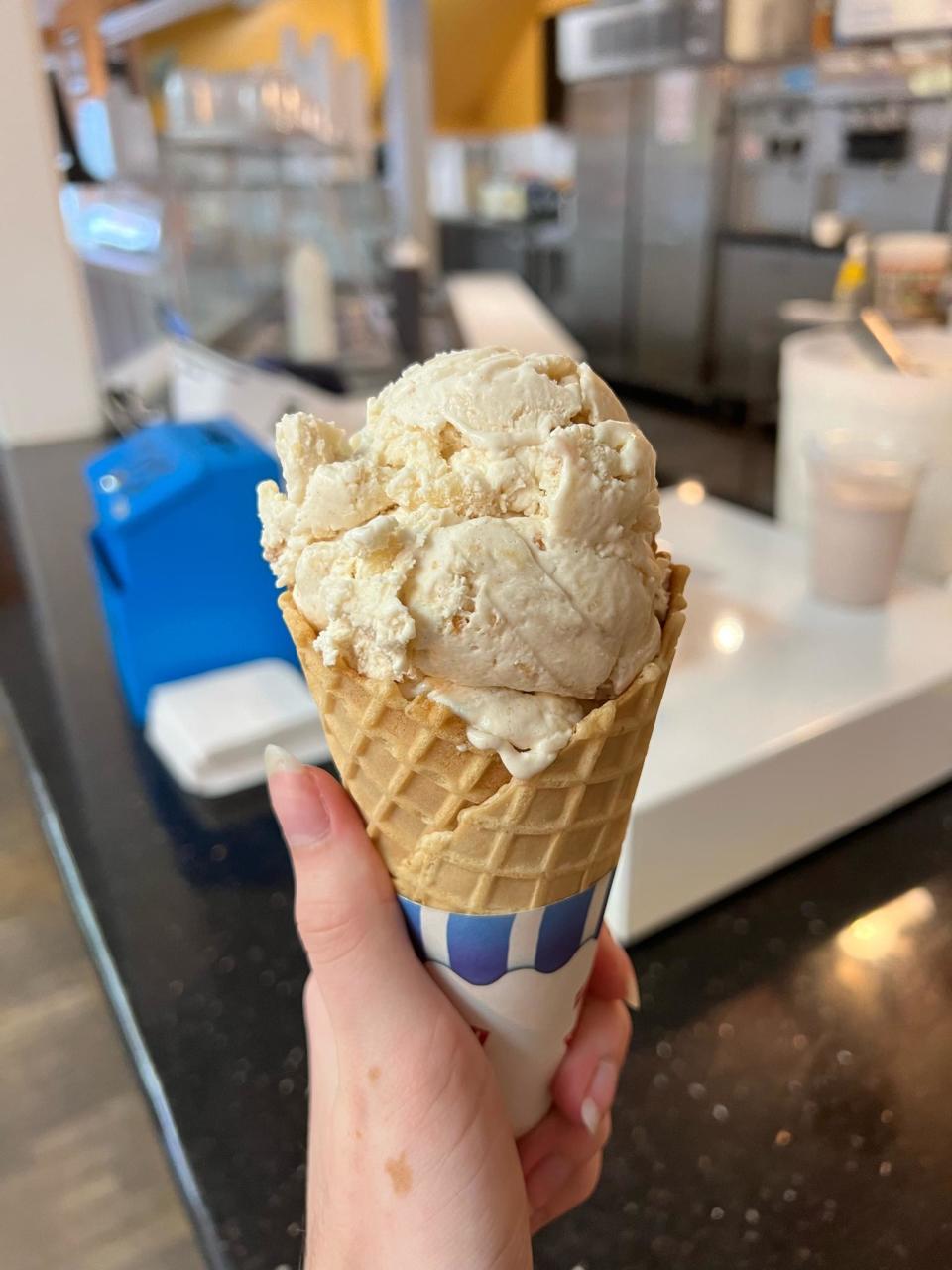 Grandma's Apple Pie ice cream in a waffle cone at the Ice Cream Shop of Manahawkin.