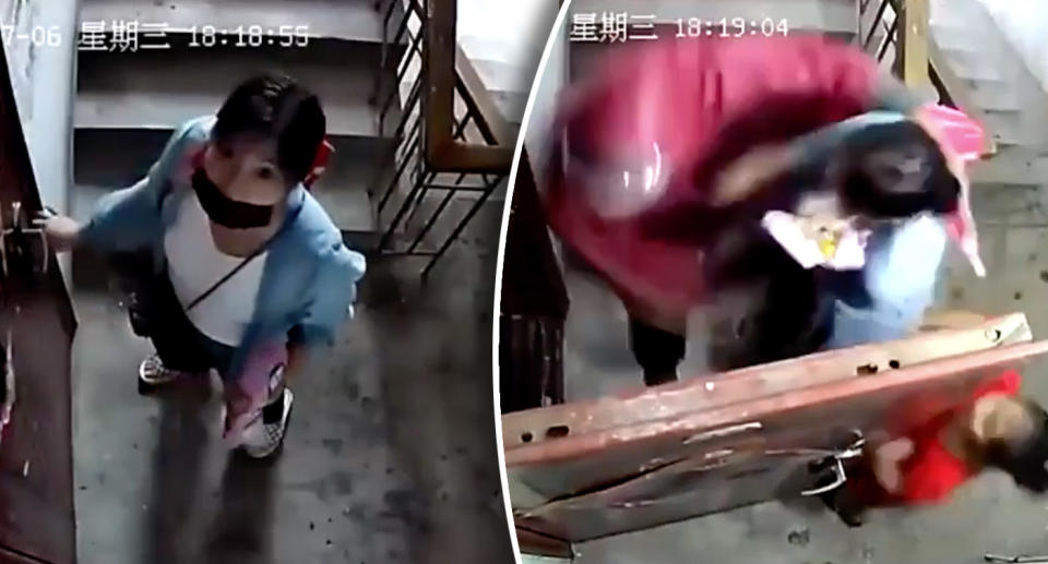 The woman glances at the CCTV (left) seconds before she and her daughter are grabbed (right). Source: Weibo