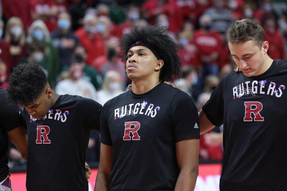 Feb 5, 2022; Piscataway, New Jersey, USA; Rutgers Scarlet Knights forward Ron Harper Jr. (center) before the game against the Michigan State Spartans at Jersey Mike's Arena. Mandatory Credit: Vincent Carchietta-USA TODAY Sports