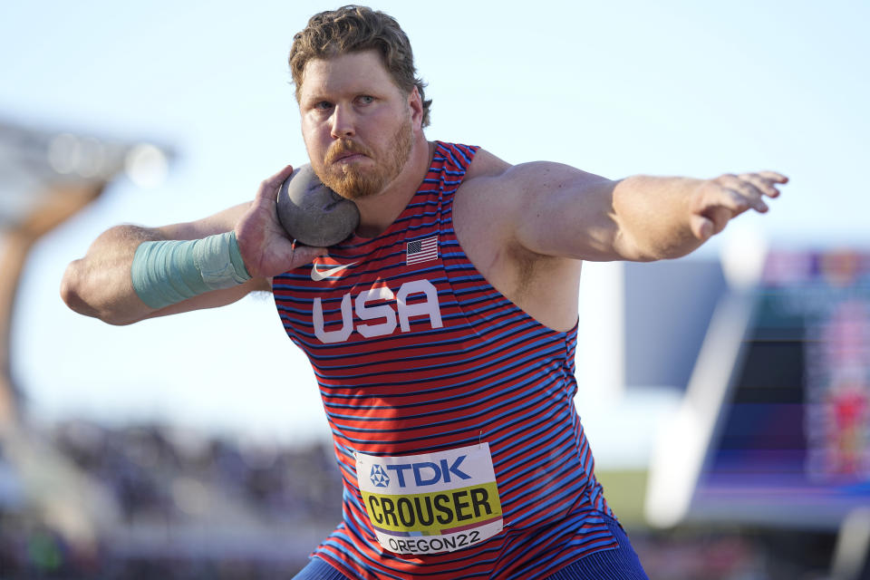 FILE - Ryan Crouser, of the United States, competes during qualifying for the men's shot put at the World Athletics Championships Friday, July 15, 2022, in Eugene, Ore. (AP Photo/David J. Phillip, File)