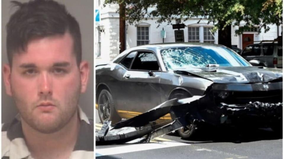 James Alex Fields Jr. (above) is shown next to a photo of the car he drove into a crowd of anti-racism demonstrators in Charlottesville in 2017, killing one person and injuring dozens. He has accumulated funds in jail that the feds now have the authority to tap. (Photos: Albemarle-Charlottesville Regional Jail via Getty Images and Matthew Hatcher/Getty Images)