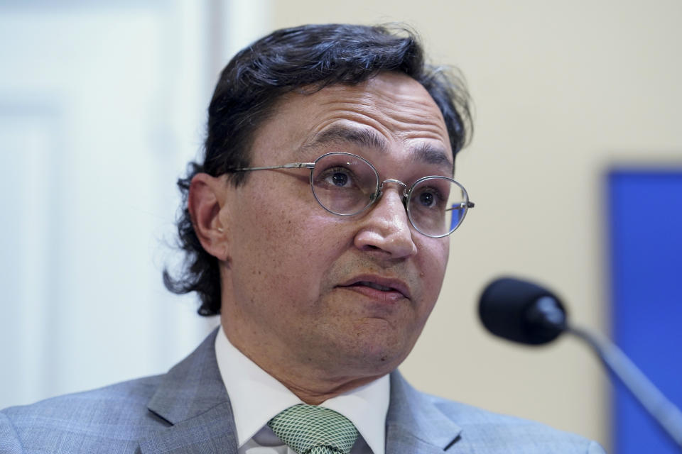 FILE - Cherokee Nation Chief Chuck Hoskin Jr., speaks during a House Rules Committee hearing at the Capitol in Washington, Nov. 16, 2022. The Cherokee Nation, which is headquartered in Tahlequah in northeast Oklahoma, is the nation's largest Native American tribe, with more than 440,000 enrolled citizens. A portion of its $98 million in opioid settlement funds will be used to construct a treatment facility that will be completely operated by the tribe and provide no-cost treatment for Cherokee Nation citizens struggling with substance abuse. (AP Photo/Mariam Zuhaib, file)