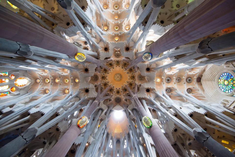 Horizontal image of the Sagrada Familia Cathedral ceiling with beautiful architectural design and amazing light in Barcelona, Spain.