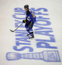 St. Louis Blues' Alexander Steen warms up prior to Game 2 of a first-round NHL hockey Stanley Cup playoff series against the Chicago Blackhawks, Saturday, April 19, 2014, in St. Louis. (AP Photo/Bill Boyce)
