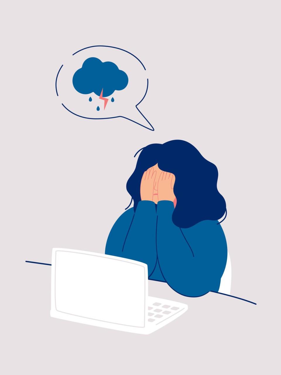 young woman cries covering her face with her hands sitting under rainy and stormy cloud girl feels headache and depression weeping emotions grief vector illustration isolated from white background