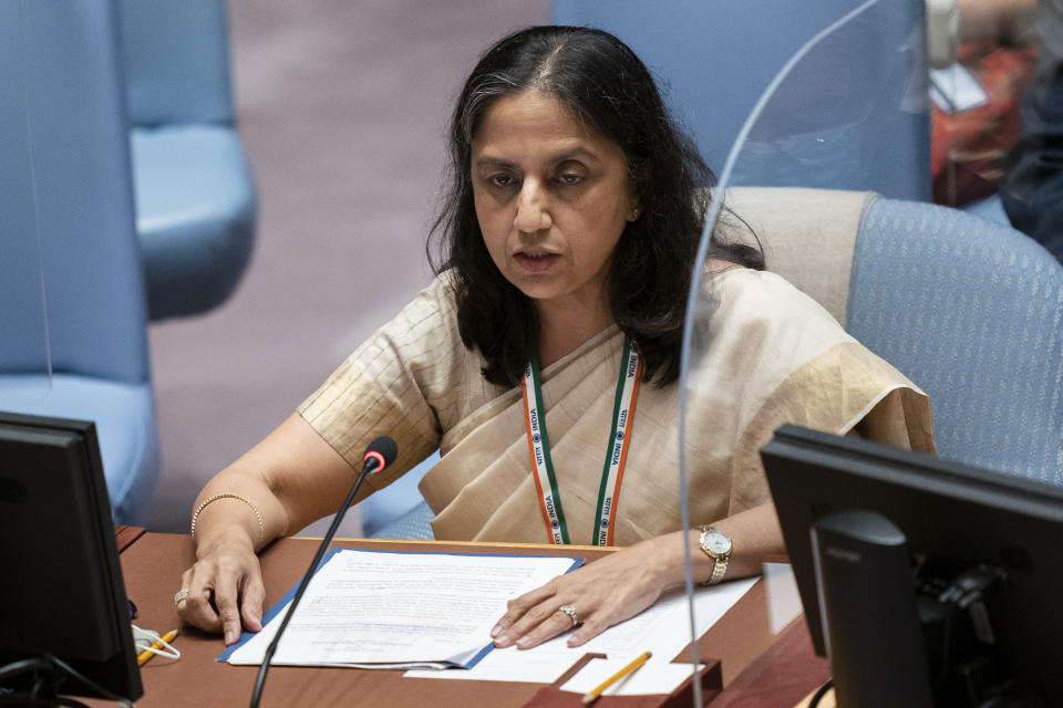 Reenat Sandhu, secretary west of India, speaks during a meeting of the United Nations Security Council, Thursday, Sept. 23, 2021, during the 76th Session of the U.N. General Assembly in New York. (AP Photo/John Minchillo, Pool)