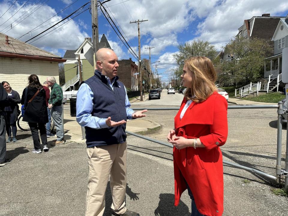 PHOTO: ABC News' MaryAlice Parks interviews Environmental Voter Project founder and Executive Director Nathaniel Stinnett in Pittsburgh, PA. (Julia Cherner/ABC News)