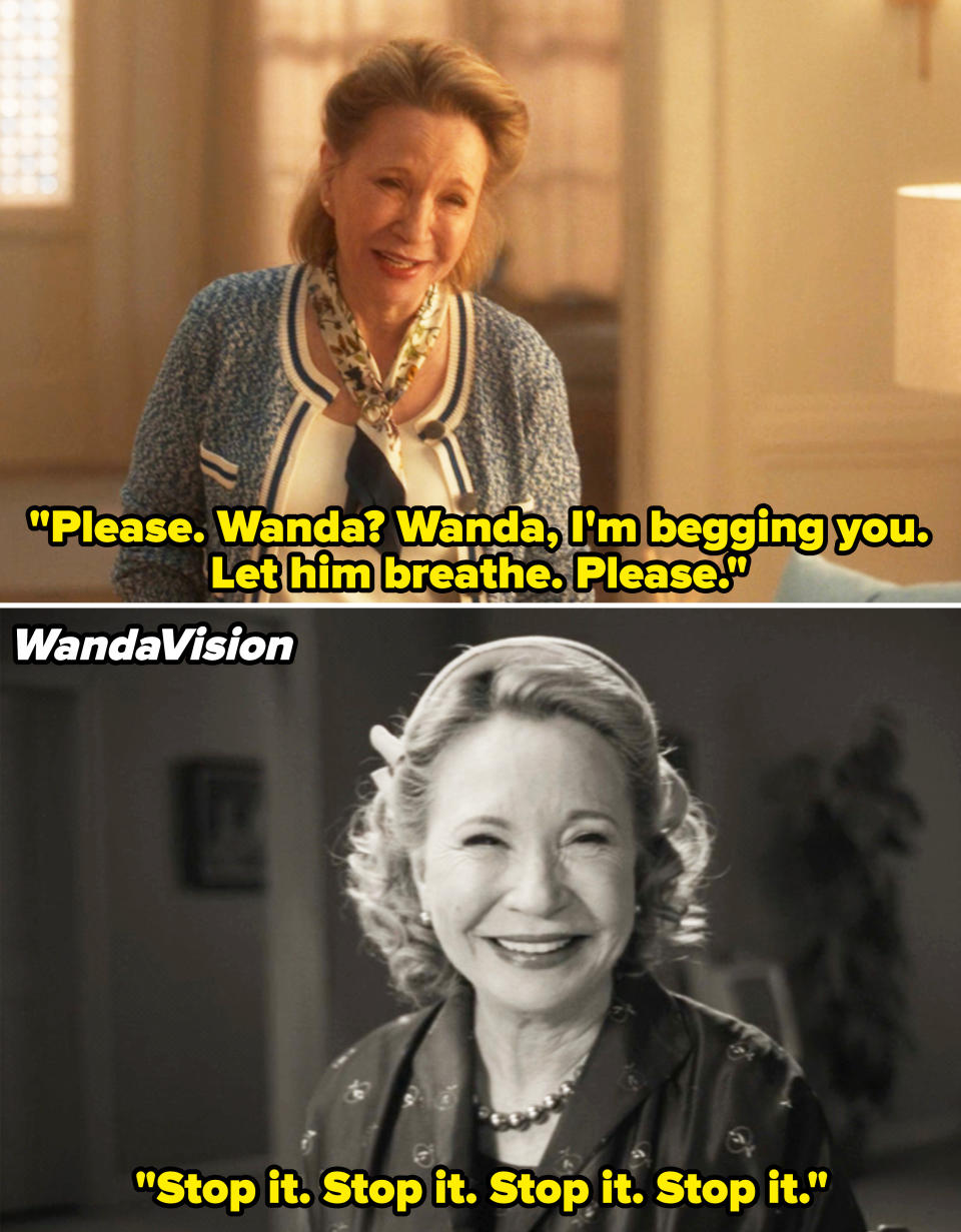 Sharon asks Wanda to do it "let him breathe" repeated in Agatha All Along vs. Mrs. Hart "Stop it" in WandaVision