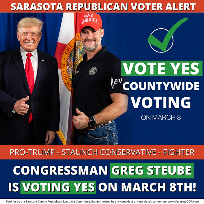 A text message with an image of Congressman Greg Steube and former President Donald Trump is part of a campaign by the Sarasota GOP in support of single-member districts for county commission races.