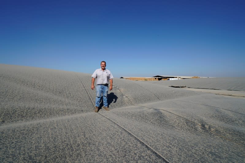 Dairy farmer Joey Airoso stands on top of a methane collecting dome that covers one of his farm's waste collecting ponds in Pixley, California