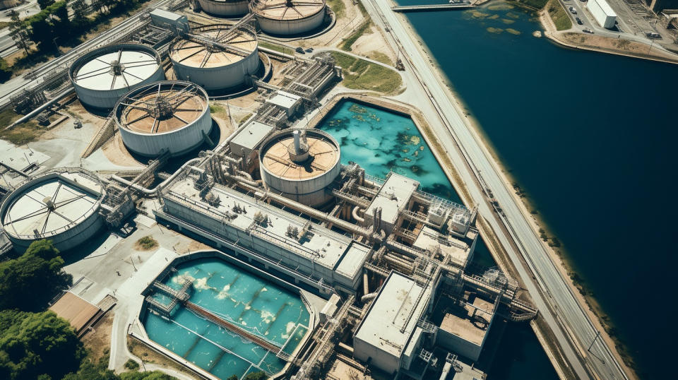 An aerial view of a water treatment plant, emphasizing the use of reverse osmosis technology.