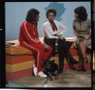 <p>Being interviewed with her dog Petra on the children's TV show <em>Blue Peter.</em></p>