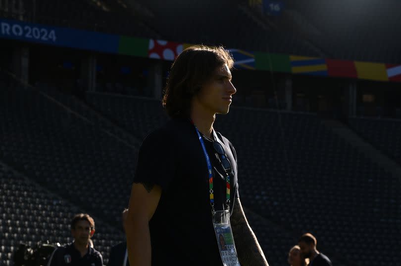 Riccardo Calafiori of Italy during a pitch walk prior to the press conference of Italy at Olympiastadion on June 28, 2024 in Berlin, Germany.