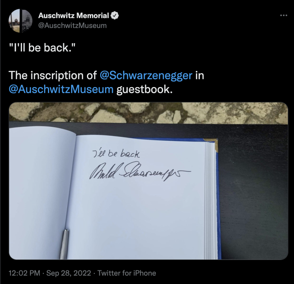 Arnold Schwarzenegger wrote ‘I’ll be back’ in the Auschwitz guestbook (Twitter)