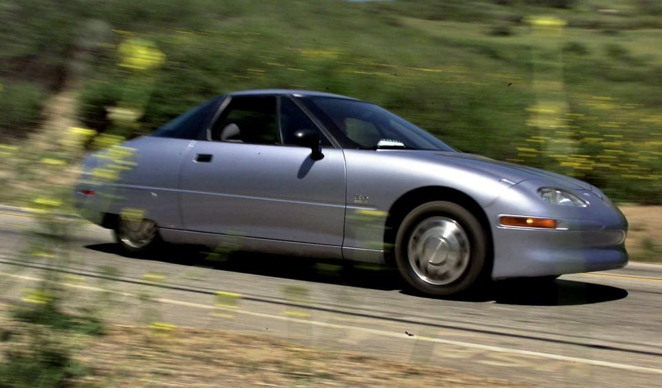 wednesday, 4262000 –– gm electric vehicle in action on tapo canyon rd in simi valley this is a s