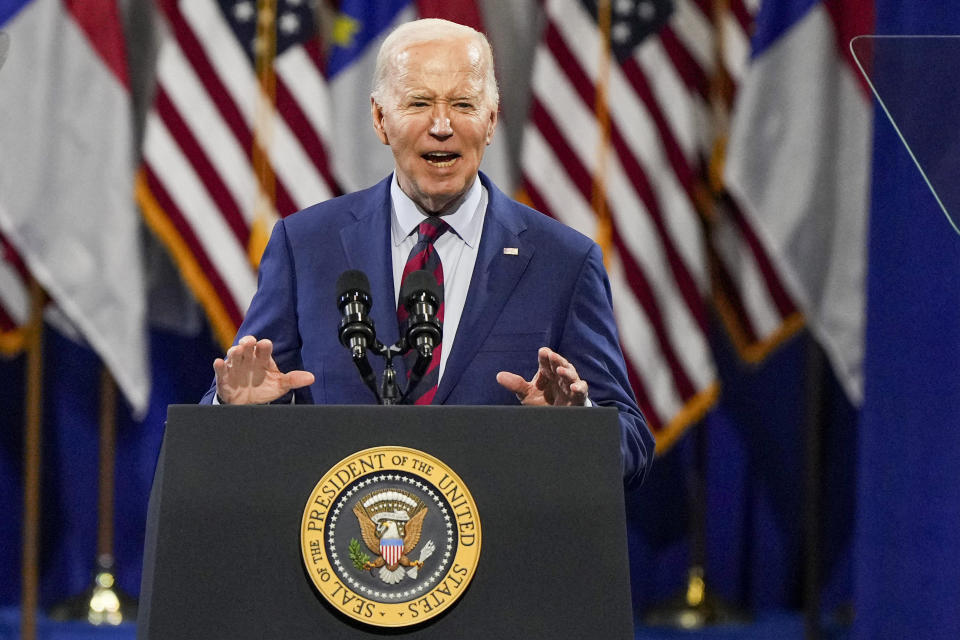 FILE - President Joe Biden speaks, May 2, 2024, in Wilmington, N.C. In recent appearances around the country, Biden has been betting that reminding voters about Donald Trump's presidency and highlighting his Republican opponent's latest campaign statements will work to the Democratic president's advantage. He wants the 2024 election to be a referendum on Trump's record and plans, but he also wants voters to look favorably on his own policies and actions. (AP Photo/David Yeazell, File)