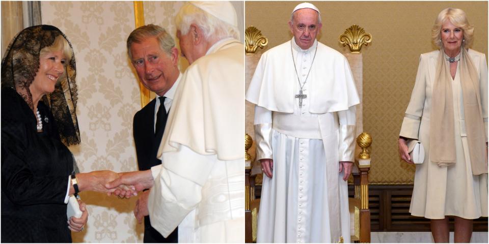 Camilla, the Duchess of Cornwall, was pictured meeting the Pope last year at the Vatican wearing a light cream coat and a scarf around her neck. However, back in 2009, she donned a black lace veil and a long black dress. Photo: Getty Images