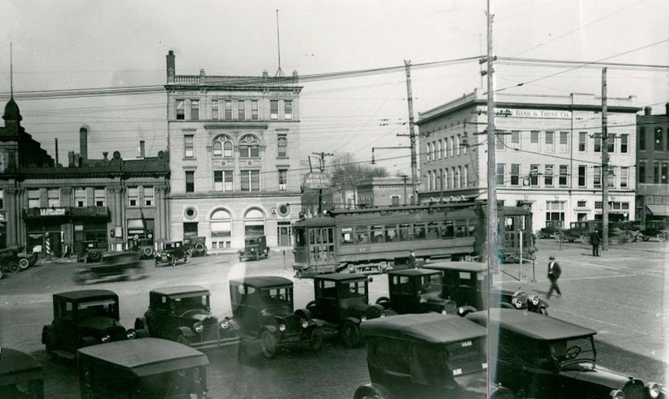 Public Square looking north from the Courthouse stairs, circa 1930.