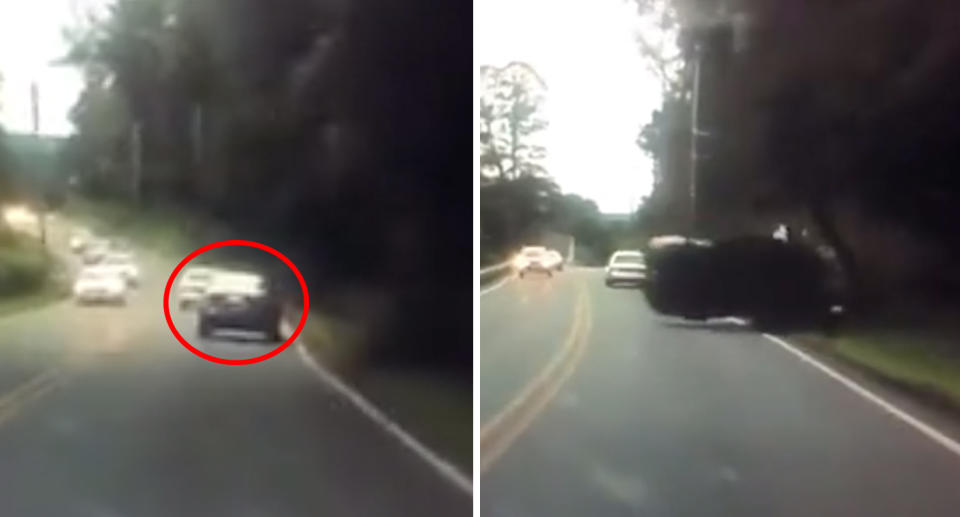 A motorist drives along a road (left) before dramatically flipping the car when they crashed into a pole (right). 