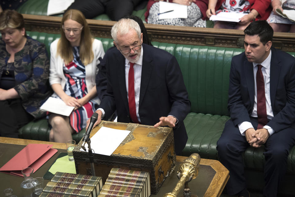 Britain's main opposition Labour Party leader Jeremy Corbyn, speaks during Question Time inside the House of Commons in London, Wednesday July 10, 2019. Britain's ambassador to the United States, veteran diplomat Kim Darroch resigned Wednesday, prompting Prime Minister Theresa May and other British politicians to praise Darroch. (Jessica Taylor/House of Commons via AP)