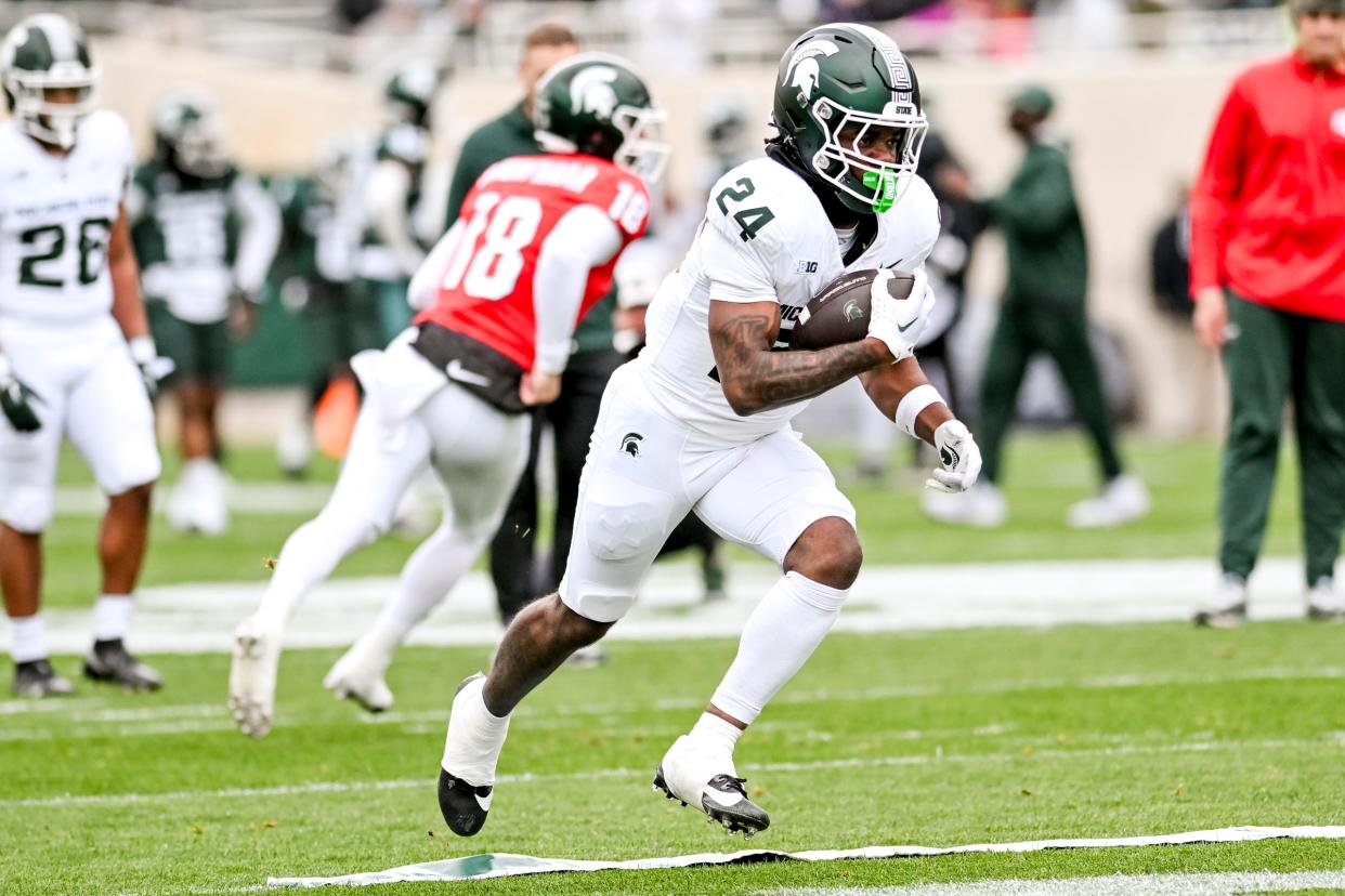 Michigan State's Davion Primm runs the ball during the Spring Showcase on Saturday, April 20, 2024, at Spartan Stadium in East Lansing.