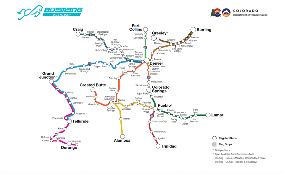 A map of the full Bustang Outrider system