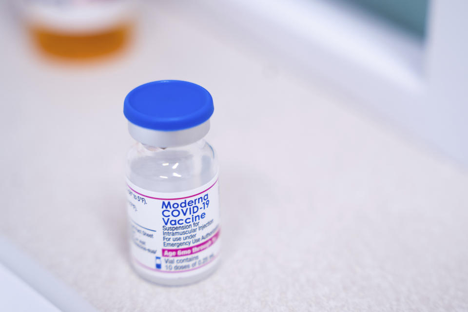 A vial of the Moderna COVID-19 vaccination for children under five sits on a counter at Walgreens pharmacy Monday, June 20, 2022, in Lexington, S.C. Today marked the first day COVID-19 vaccinations were made available to children under 5 in the United States. (AP Photo/Sean Rayford)