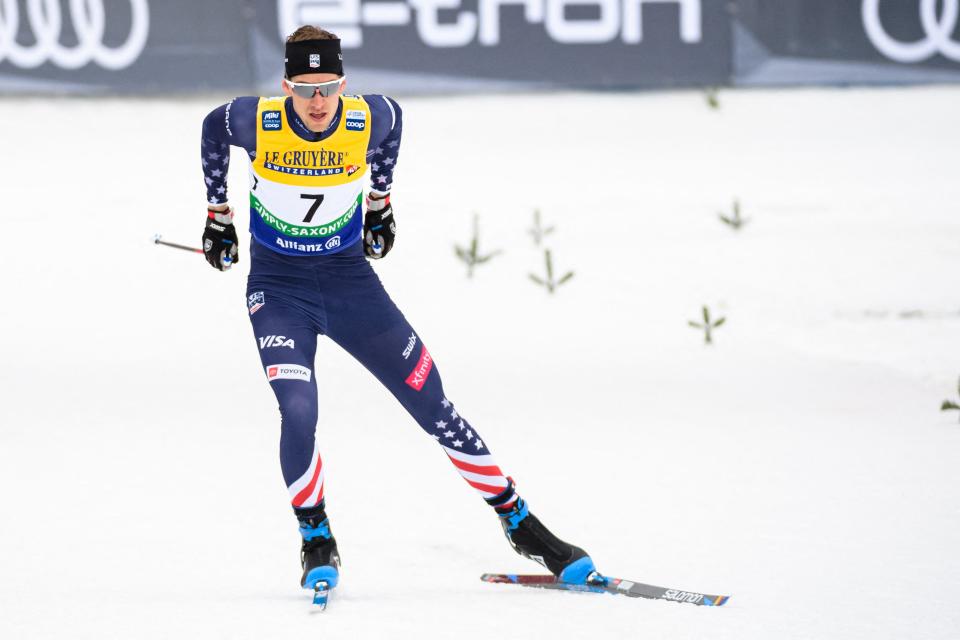 Kevin Bolger of US competes during the men's FIS Cross-Country World Cup in Dresden, eastern Germany on December 18, 2021. (Photo by JENS SCHLUETER / AFP) (Photo by JENS SCHLUETER/AFP via Getty Images) ORG XMIT: 0 ORIG FILE ID: AFP_9UX3QZ.jpg