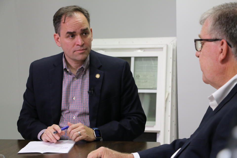 North Carolina Congressional candidate Wiley Nickel, a Democratic state senator, hosts a roundtable discussion with affordable housing experts in Raleigh, N.C. on Oct. 3, 2022. (AP Photo/Hannah Schoenbaum)